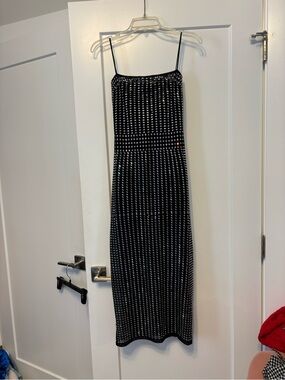 AKIRA Black Strapless midi Dress with White Dot Grid